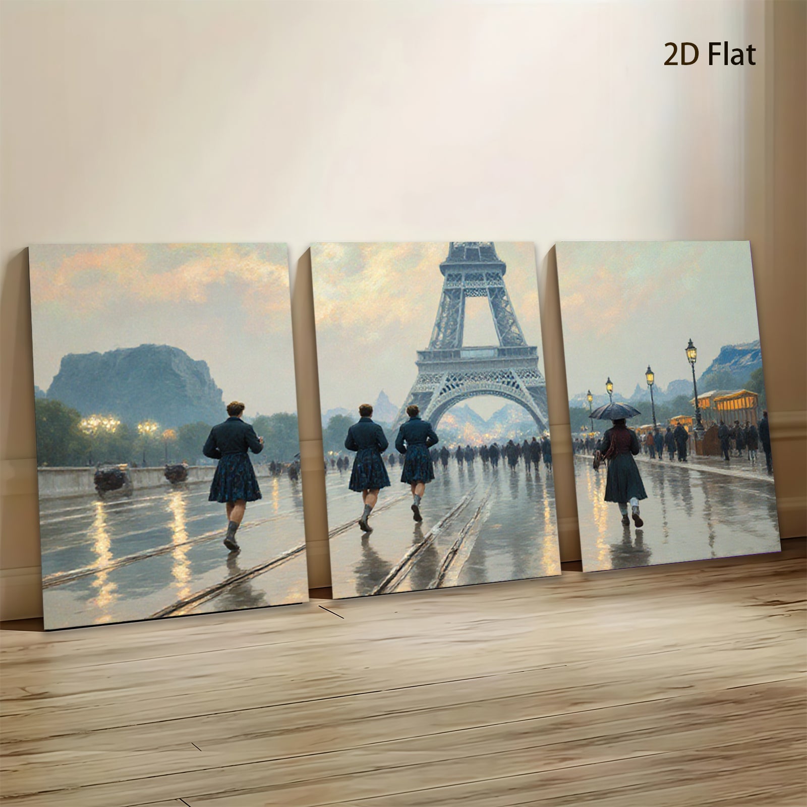 2D flat 1pc Parisian Street Rain Cityscape Wall Art Living Room Bedroom Decor Modern Farmhouse Style Canvas Prints for Home Office Gallery Wrapped Ready to Hang