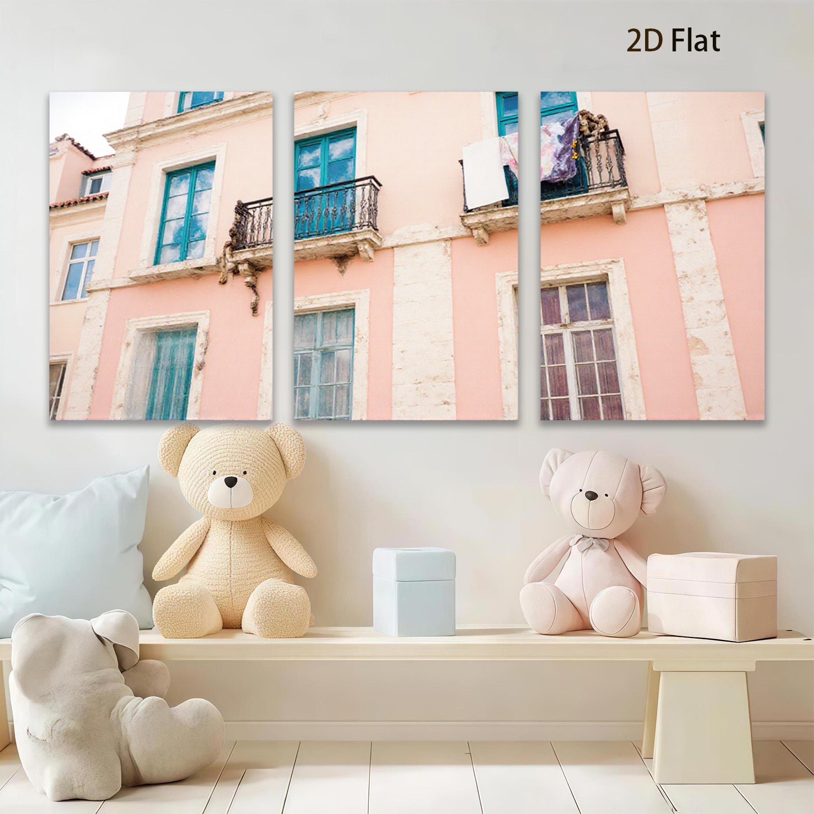 2D flat 1pc Pastel Pink Building Facade European Street View Wall Art Decor Living Room Bedroom Modern Farmhouse Canvas Prints Gallery Wrapped Ready to Hang
