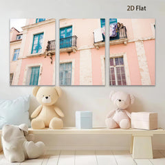 2D flat 1pc Pastel Pink Building Facade European Street View Wall Art Decor Living Room Bedroom Modern Farmhouse Canvas Prints Gallery Wrapped Ready to Hang