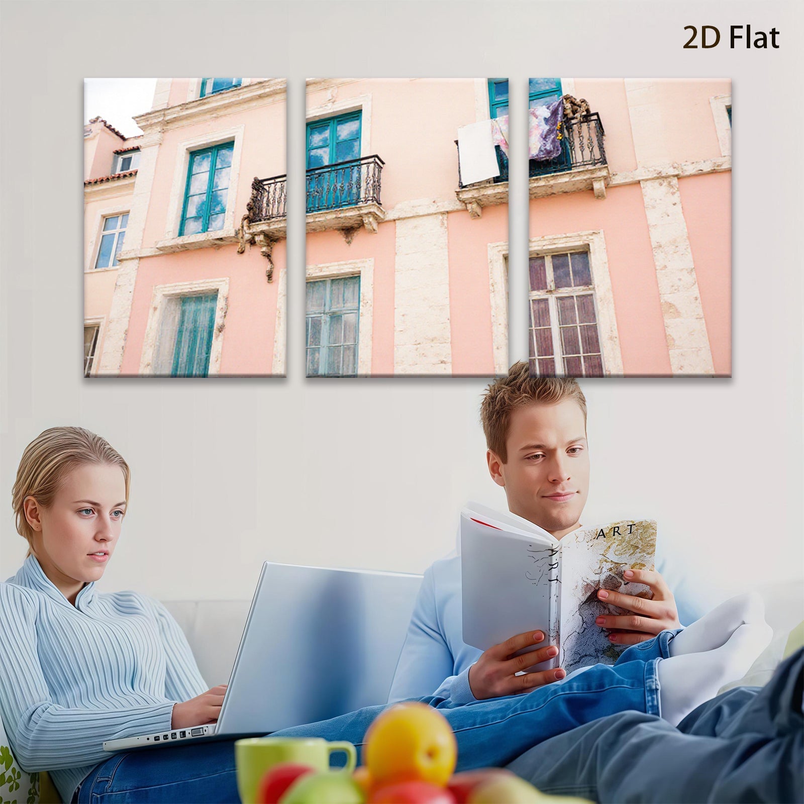 2D flat 1pc Pastel Pink Building Facade European Street View Wall Art Decor Living Room Bedroom Modern Farmhouse Canvas Prints Gallery Wrapped Ready to Hang