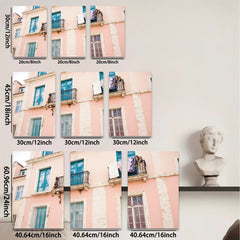 2D flat 1pc Pastel Pink Building Facade European Street View Wall Art Decor Living Room Bedroom Modern Farmhouse Canvas Prints Gallery Wrapped Ready to Hang