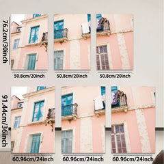 2D flat 1pc Pastel Pink Building Facade European Street View Wall Art Decor Living Room Bedroom Modern Farmhouse Canvas Prints Gallery Wrapped Ready to Hang
