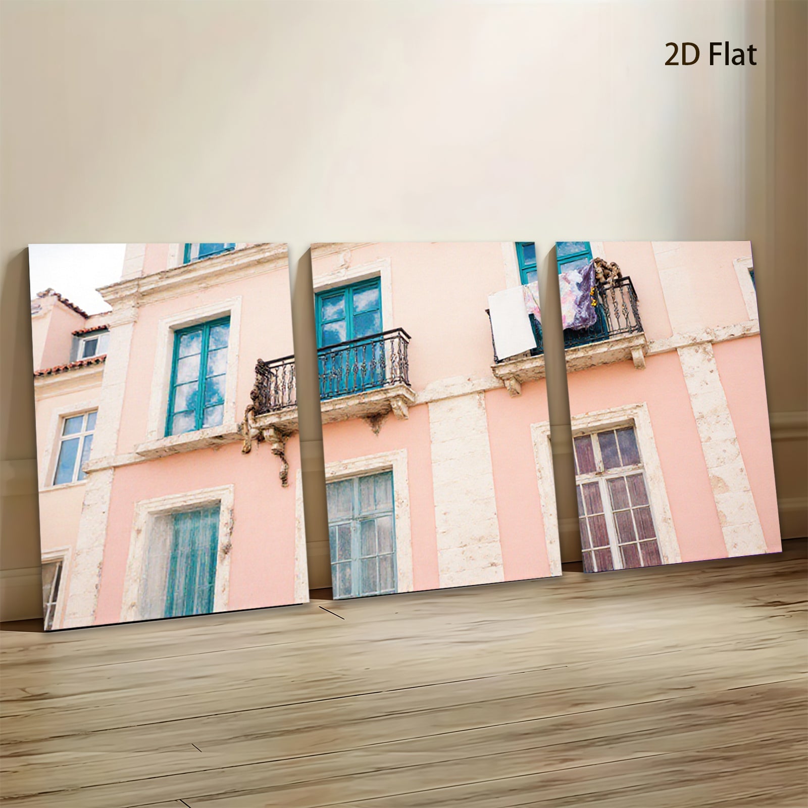 2D flat 1pc Pastel Pink Building Facade European Street View Wall Art Decor Living Room Bedroom Modern Farmhouse Canvas Prints Gallery Wrapped Ready to Hang