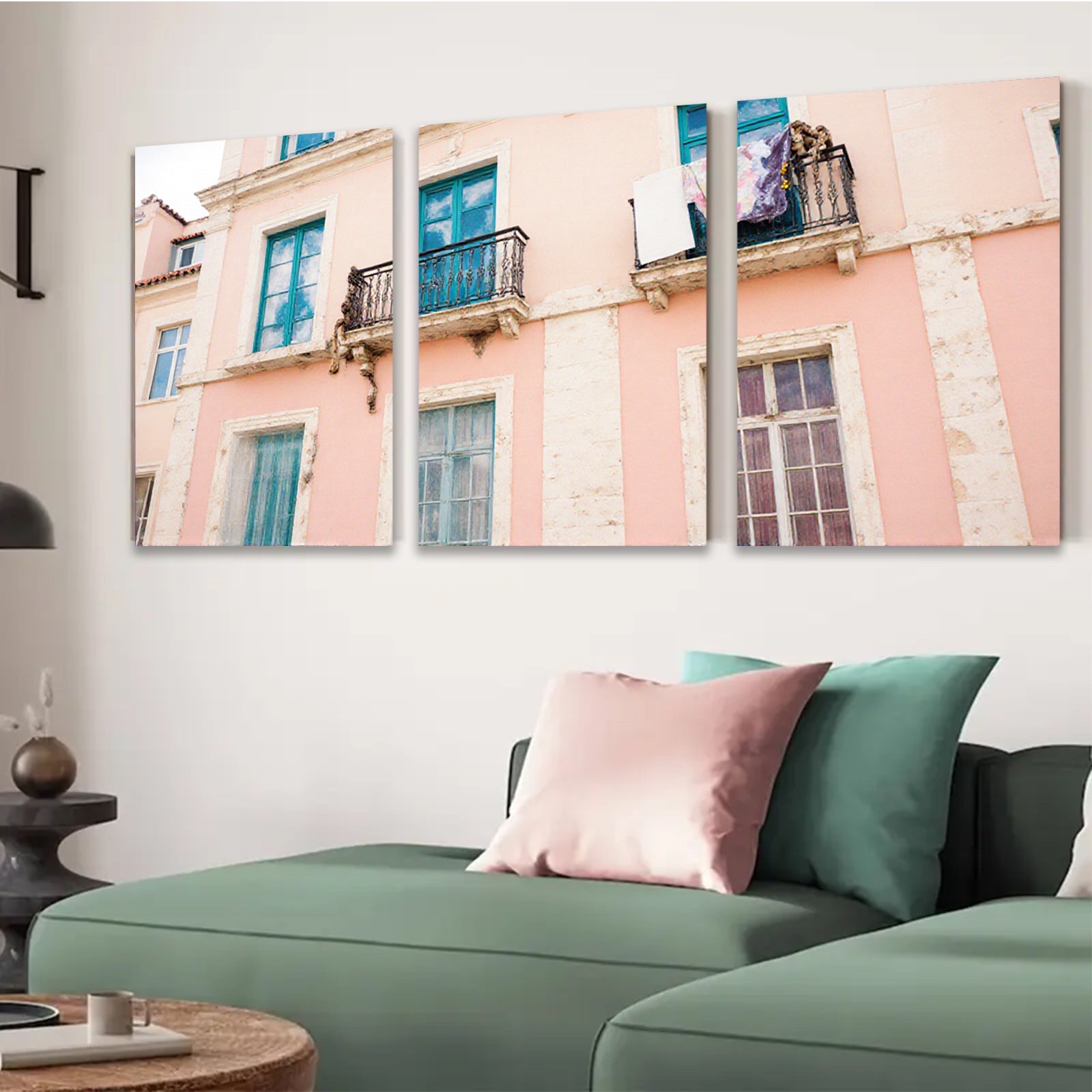 2D flat 1pc Pastel Pink Building Facade European Street View Wall Art Decor Living Room Bedroom Modern Farmhouse Canvas Prints Gallery Wrapped Ready to Hang