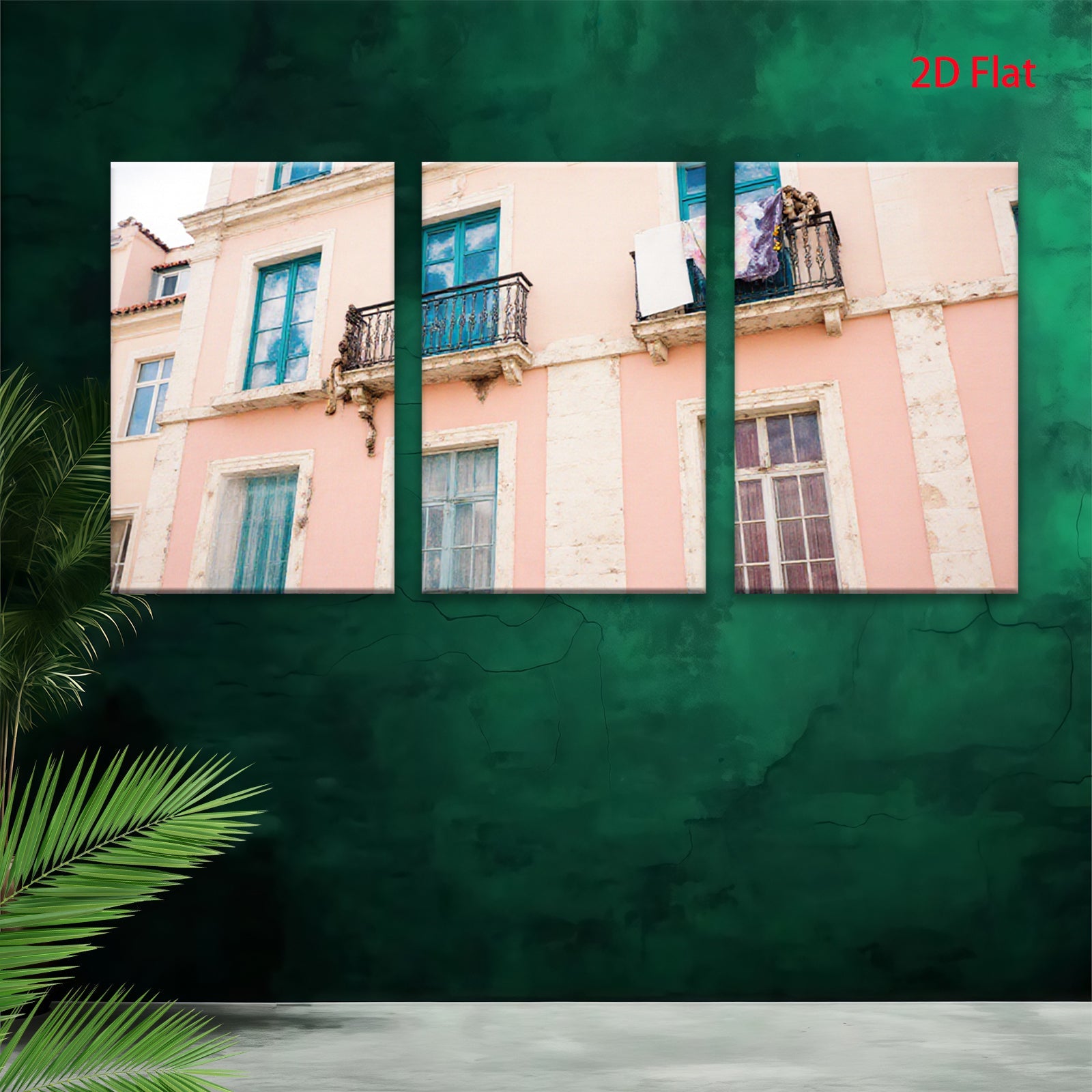 2D flat 1pc Pastel Pink Building Facade European Street View Wall Art Decor Living Room Bedroom Modern Farmhouse Canvas Prints Gallery Wrapped Ready to Hang