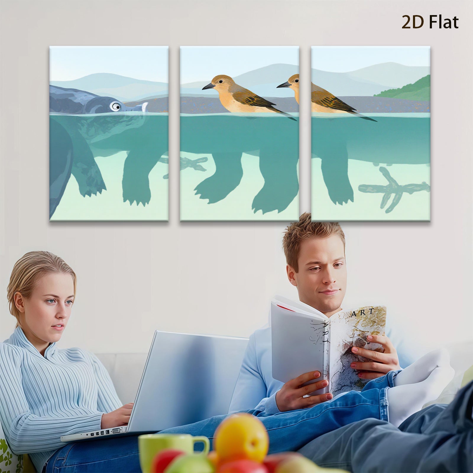 2D flat 1pc Peaceful Birds Over Water Blue Tones Living Room Bedroom Wall Art Modern Farmhouse Decor Gallery Wrapped Canvas Prints