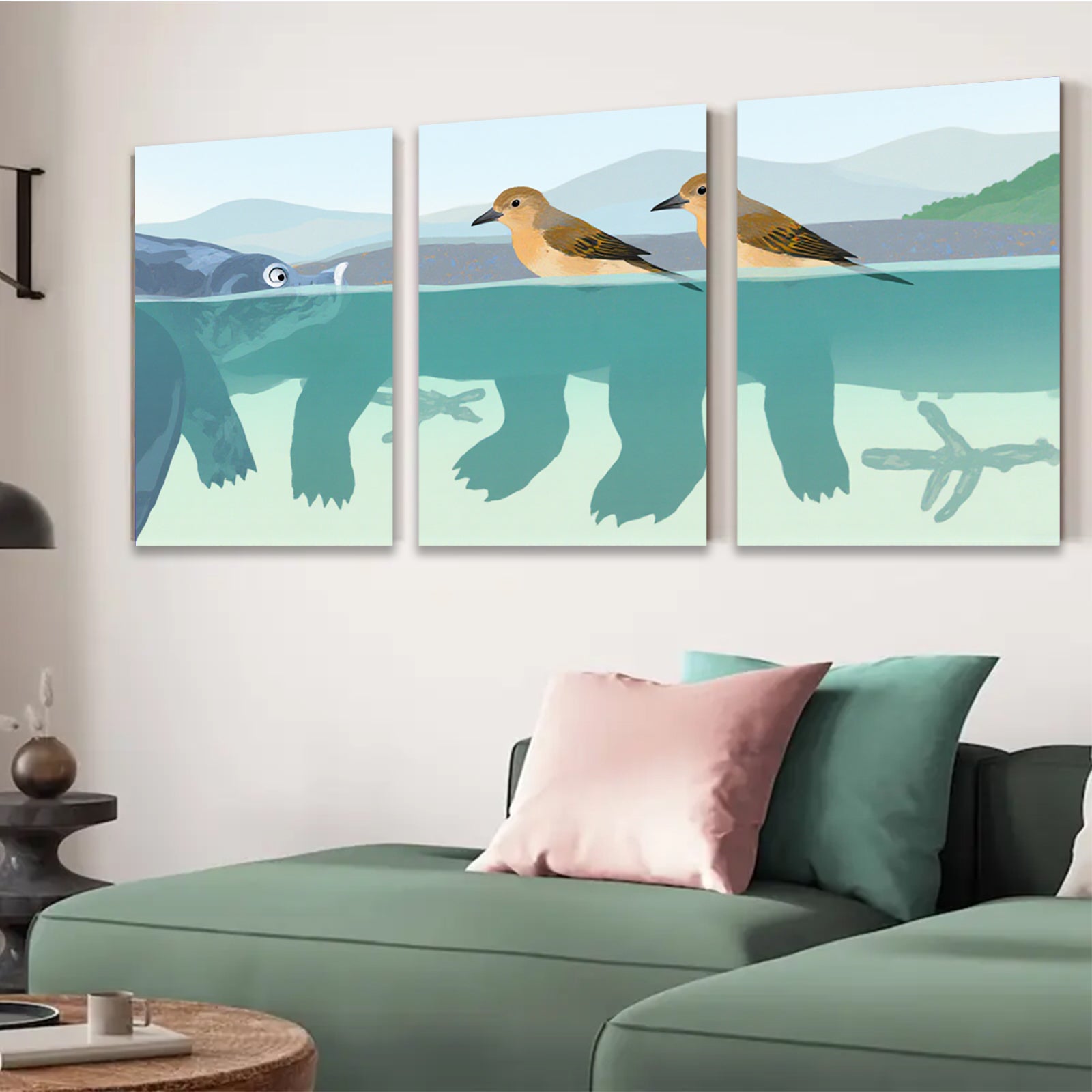 2D flat 1pc Peaceful Birds Over Water Blue Tones Living Room Bedroom Wall Art Modern Farmhouse Decor Gallery Wrapped Canvas Prints