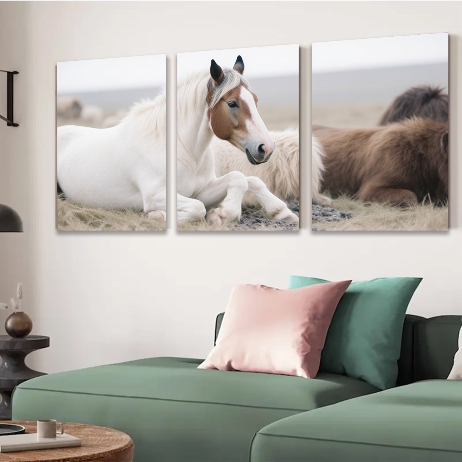 2D flat 1pc Peaceful White Horse Resting with Friends Farmhouse Wall Art Living Room Bedroom Decor Canvas Prints Modern Rustic Home Decorations