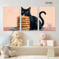 2D flat 1pc Playful black cat enjoys sweet pancake stack breakfast room decor farmhouse kitchen wall art modern gallery wrapped canvas prints