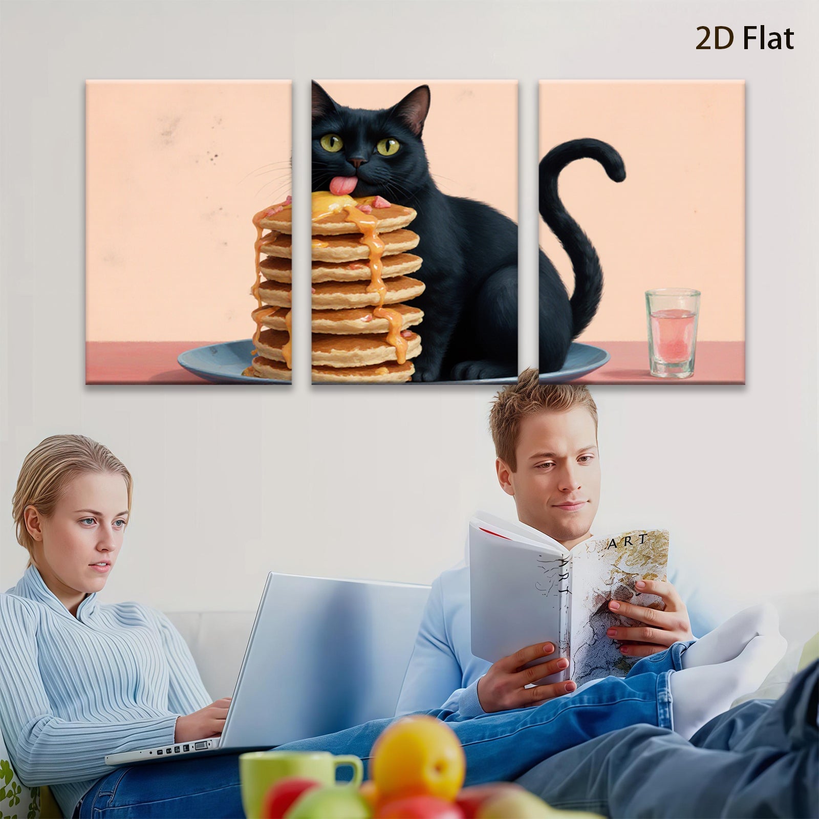 2D flat 1pc Playful black cat enjoys sweet pancake stack breakfast room decor farmhouse kitchen wall art modern gallery wrapped canvas prints