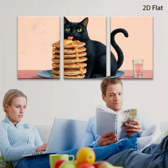 2D flat 1pc Playful black cat enjoys sweet pancake stack breakfast room decor farmhouse kitchen wall art modern gallery wrapped canvas prints