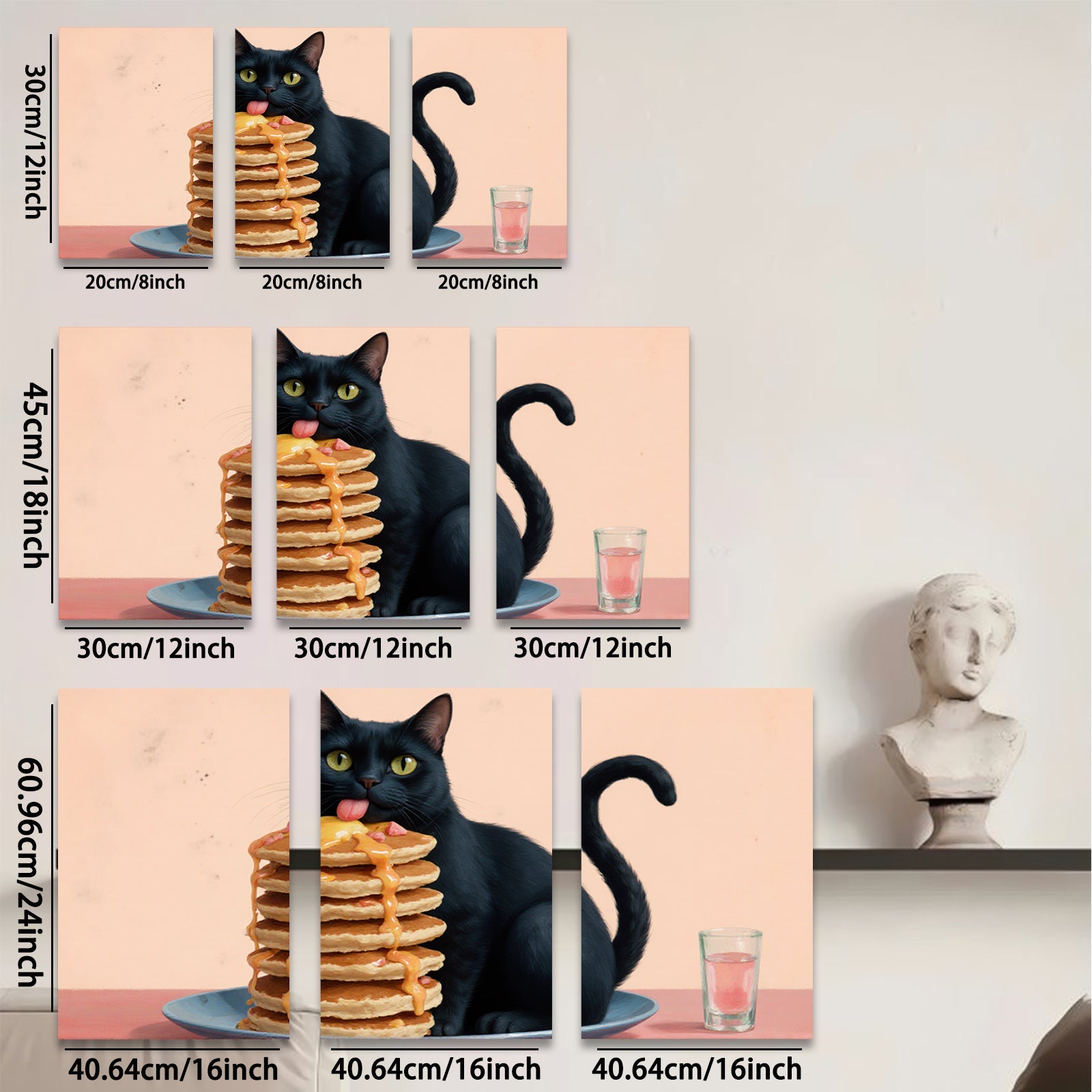 2D flat 1pc Playful black cat enjoys sweet pancake stack breakfast room decor farmhouse kitchen wall art modern gallery wrapped canvas prints
