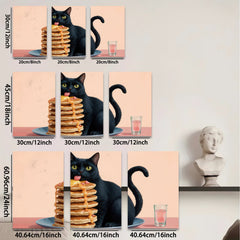2D flat 1pc Playful black cat enjoys sweet pancake stack breakfast room decor farmhouse kitchen wall art modern gallery wrapped canvas prints