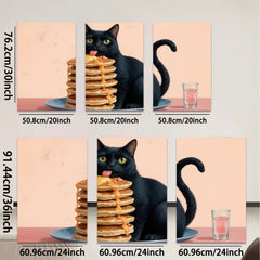 2D flat 1pc Playful black cat enjoys sweet pancake stack breakfast room decor farmhouse kitchen wall art modern gallery wrapped canvas prints