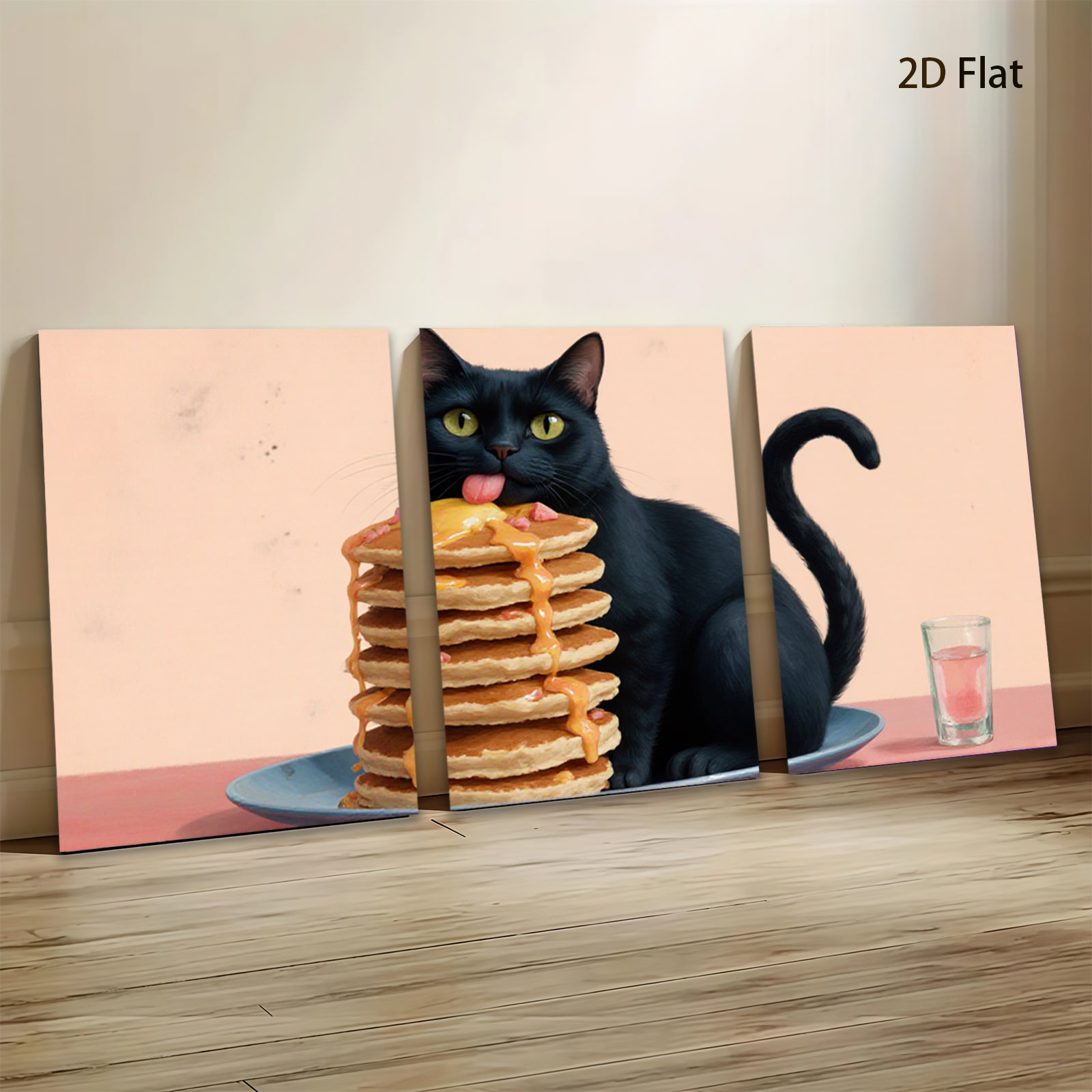 2D flat 1pc Playful black cat enjoys sweet pancake stack breakfast room decor farmhouse kitchen wall art modern gallery wrapped canvas prints