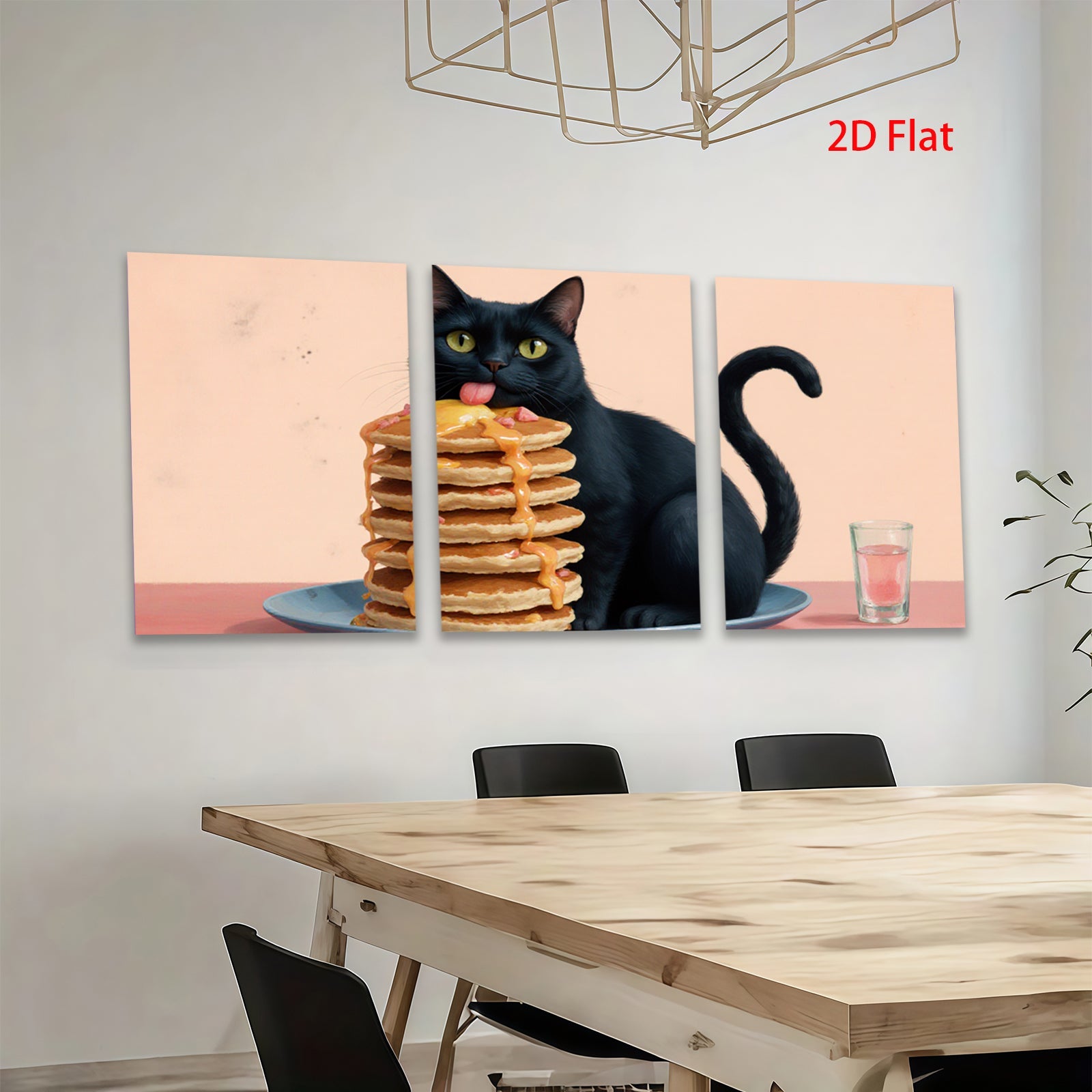 2D flat 1pc Playful black cat enjoys sweet pancake stack breakfast room decor farmhouse kitchen wall art modern gallery wrapped canvas prints