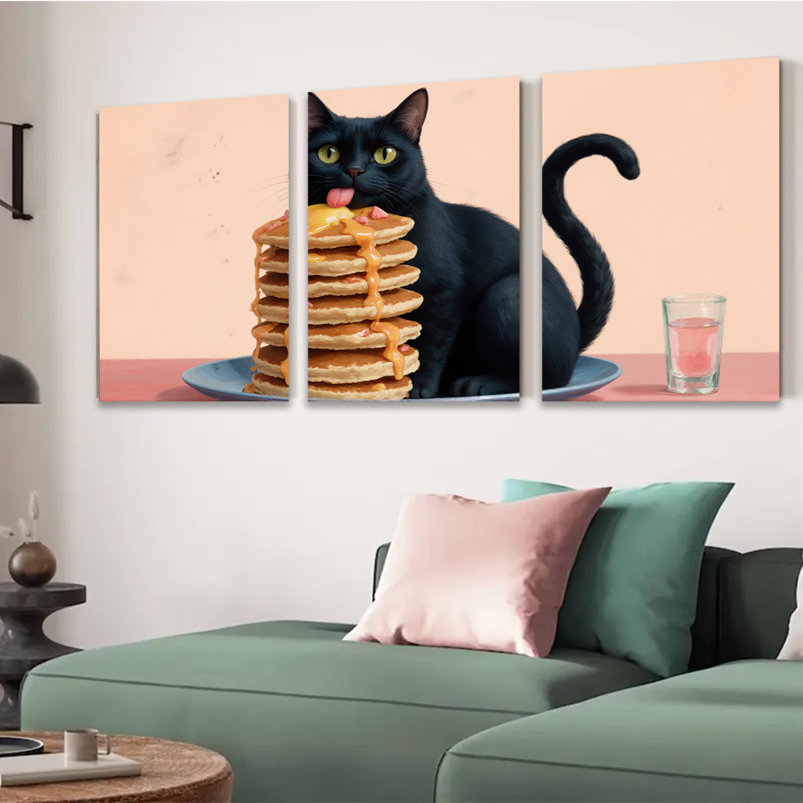 2D flat 1pc Playful black cat enjoys sweet pancake stack breakfast room decor farmhouse kitchen wall art modern gallery wrapped canvas prints