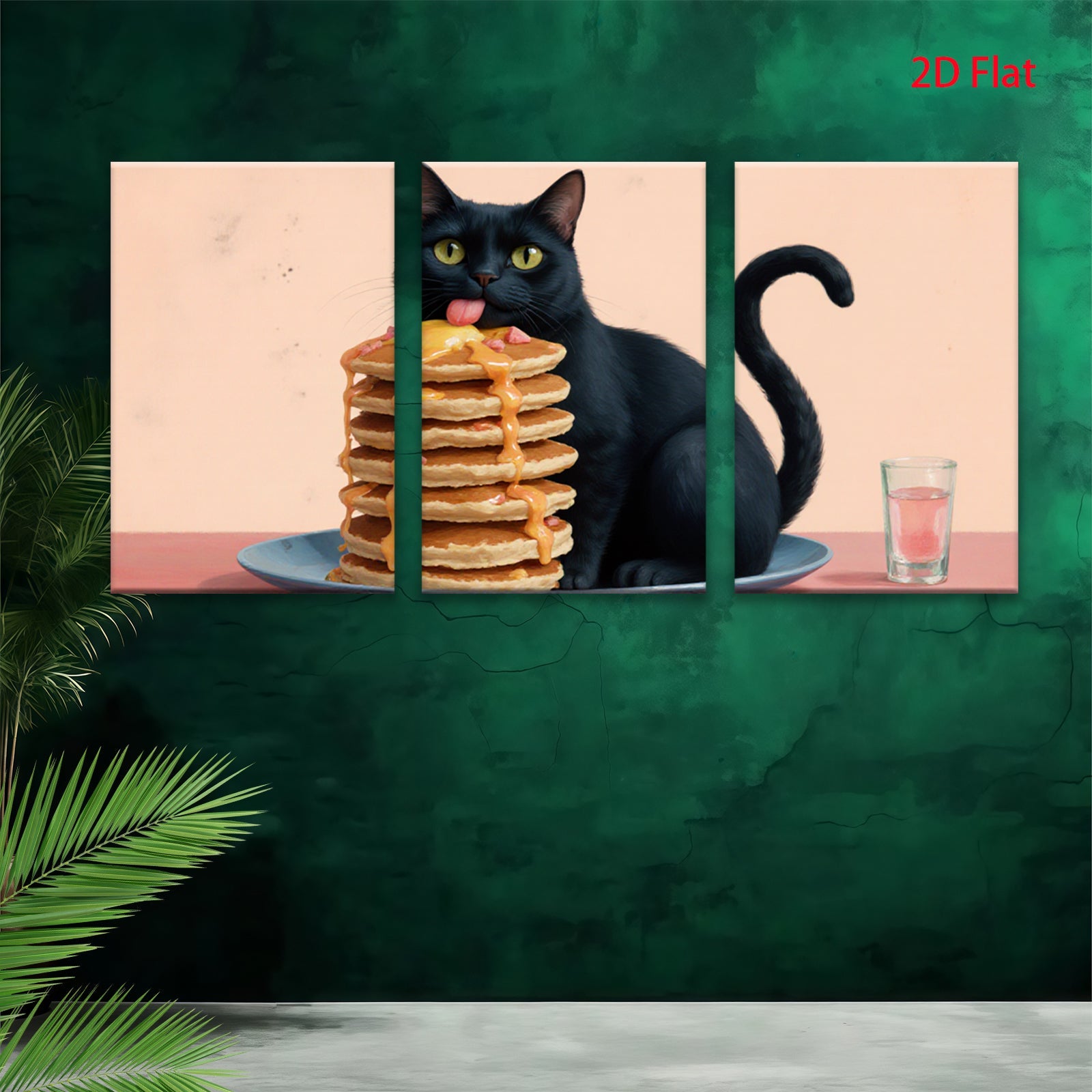 2D flat 1pc Playful black cat enjoys sweet pancake stack breakfast room decor farmhouse kitchen wall art modern gallery wrapped canvas prints