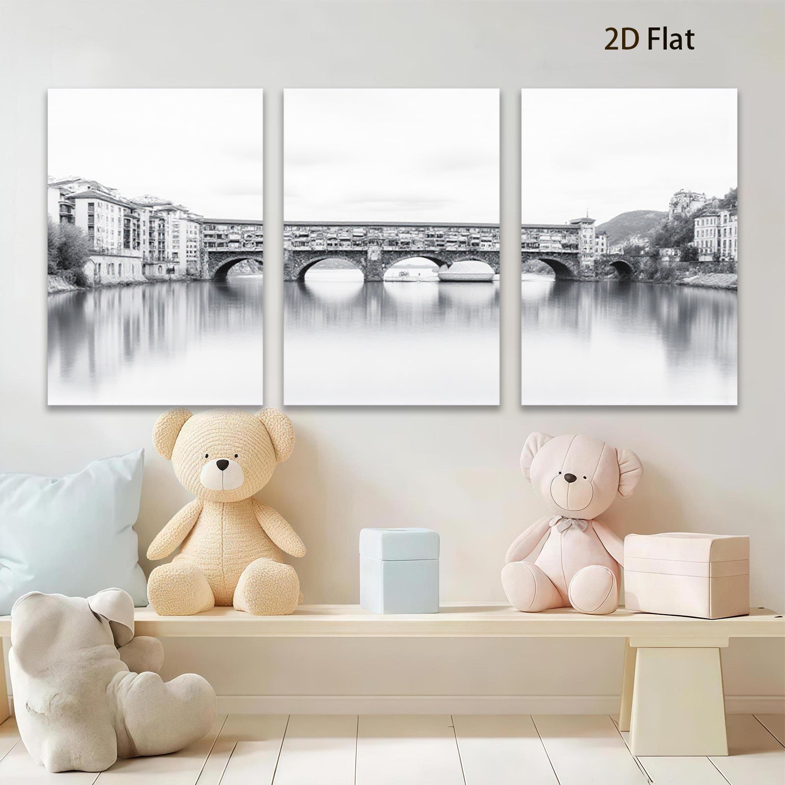 2D flat 1pc Ponte Vecchio Florence Italy scenic waterway reflection wall art living room bedroom decor farmhouse style gallery wrapped canvas prints modern minimalist aesthetic