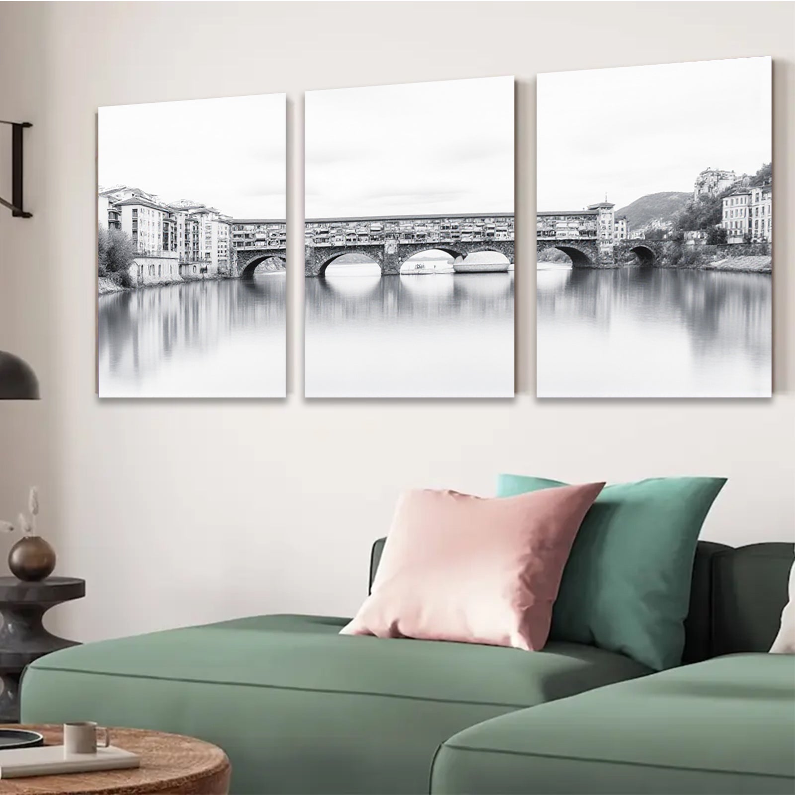2D flat 1pc Ponte Vecchio Florence Italy scenic waterway reflection wall art living room bedroom decor farmhouse style gallery wrapped canvas prints modern minimalist aesthetic