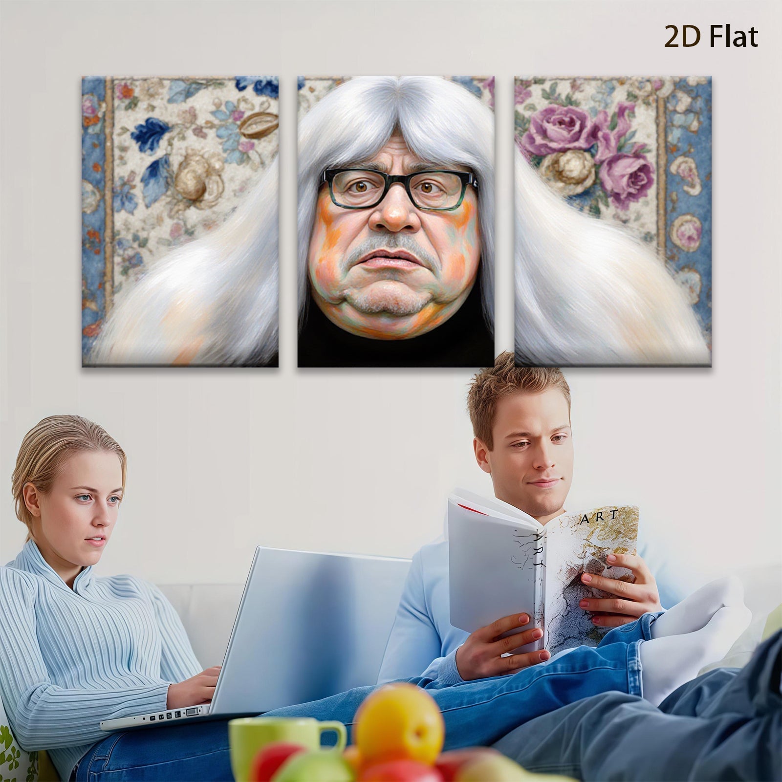 2D flat 1pc Portrait whimsical man floral backdrop living room bedroom gallery wrapped canvas modern farmhouse wall decor