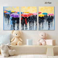 2D flat 1pc Rainy Street Crowd Colorful Umbrellas Modern Wall Art Living Room Bedroom Decor Gallery Wrapped Canvas Print Home Office Art Coastal Style Farmhouse Chic