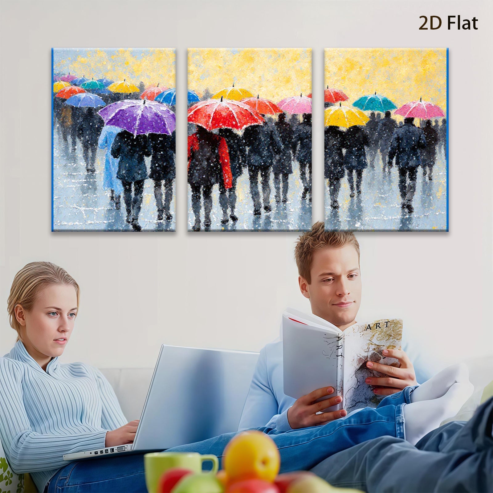 2D flat 1pc Rainy Street Crowd Colorful Umbrellas Modern Wall Art Living Room Bedroom Decor Gallery Wrapped Canvas Print Home Office Art Coastal Style Farmhouse Chic