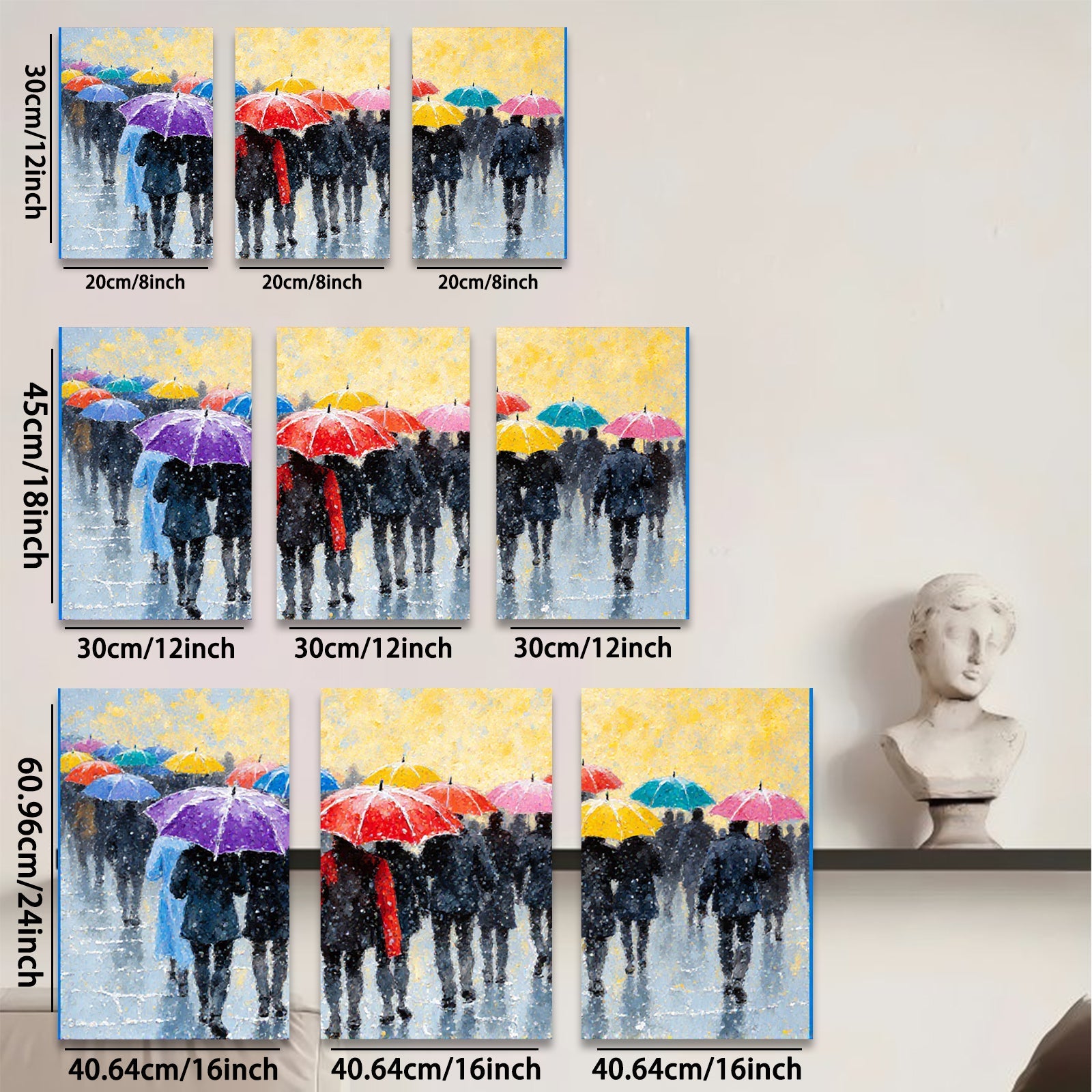 2D flat 1pc Rainy Street Crowd Colorful Umbrellas Modern Wall Art Living Room Bedroom Decor Gallery Wrapped Canvas Print Home Office Art Coastal Style Farmhouse Chic