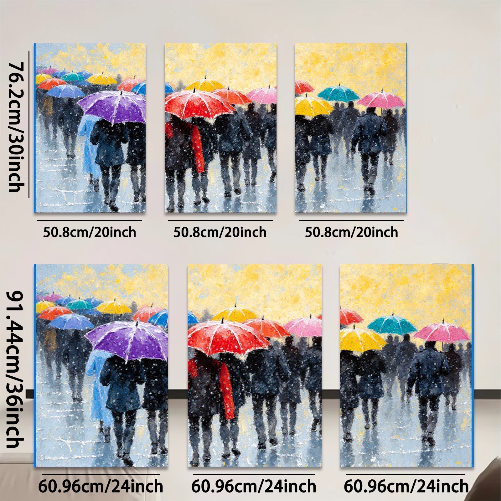 2D flat 1pc Rainy Street Crowd Colorful Umbrellas Modern Wall Art Living Room Bedroom Decor Gallery Wrapped Canvas Print Home Office Art Coastal Style Farmhouse Chic