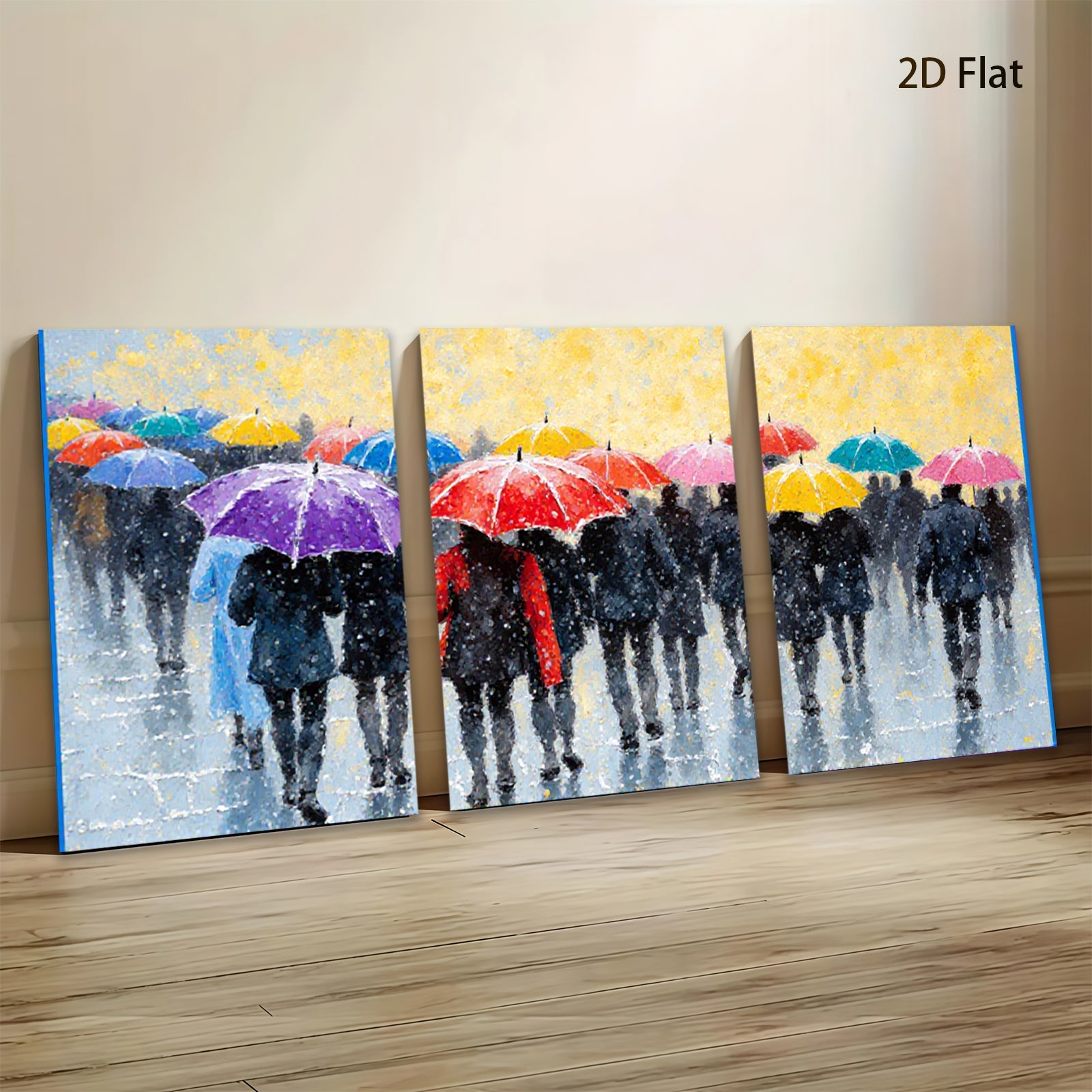 2D flat 1pc Rainy Street Crowd Colorful Umbrellas Modern Wall Art Living Room Bedroom Decor Gallery Wrapped Canvas Print Home Office Art Coastal Style Farmhouse Chic