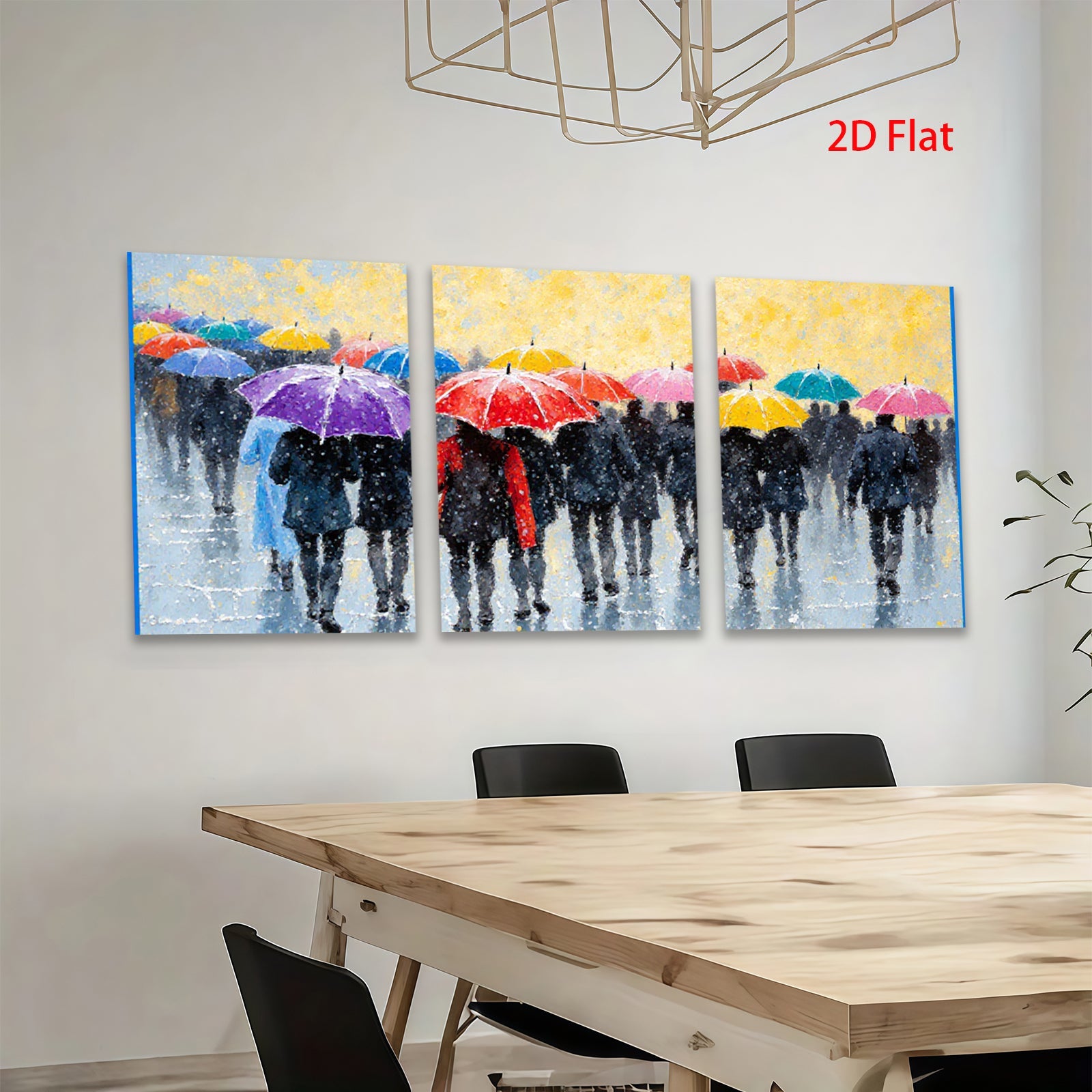 2D flat 1pc Rainy Street Crowd Colorful Umbrellas Modern Wall Art Living Room Bedroom Decor Gallery Wrapped Canvas Print Home Office Art Coastal Style Farmhouse Chic