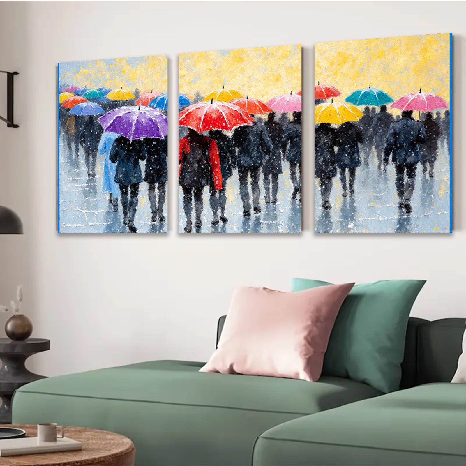 2D flat 1pc Rainy Street Crowd Colorful Umbrellas Modern Wall Art Living Room Bedroom Decor Gallery Wrapped Canvas Print Home Office Art Coastal Style Farmhouse Chic