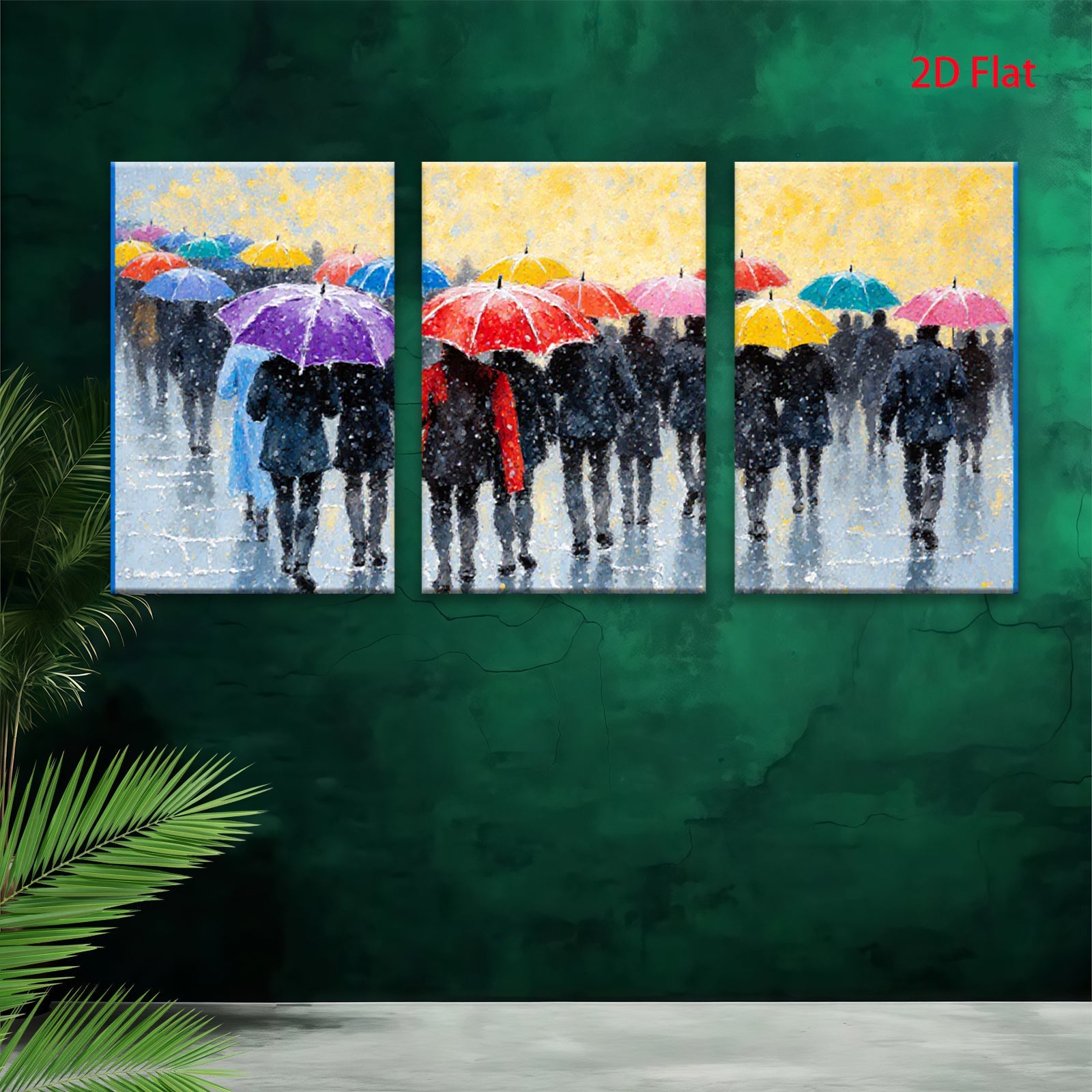 2D flat 1pc Rainy Street Crowd Colorful Umbrellas Modern Wall Art Living Room Bedroom Decor Gallery Wrapped Canvas Print Home Office Art Coastal Style Farmhouse Chic