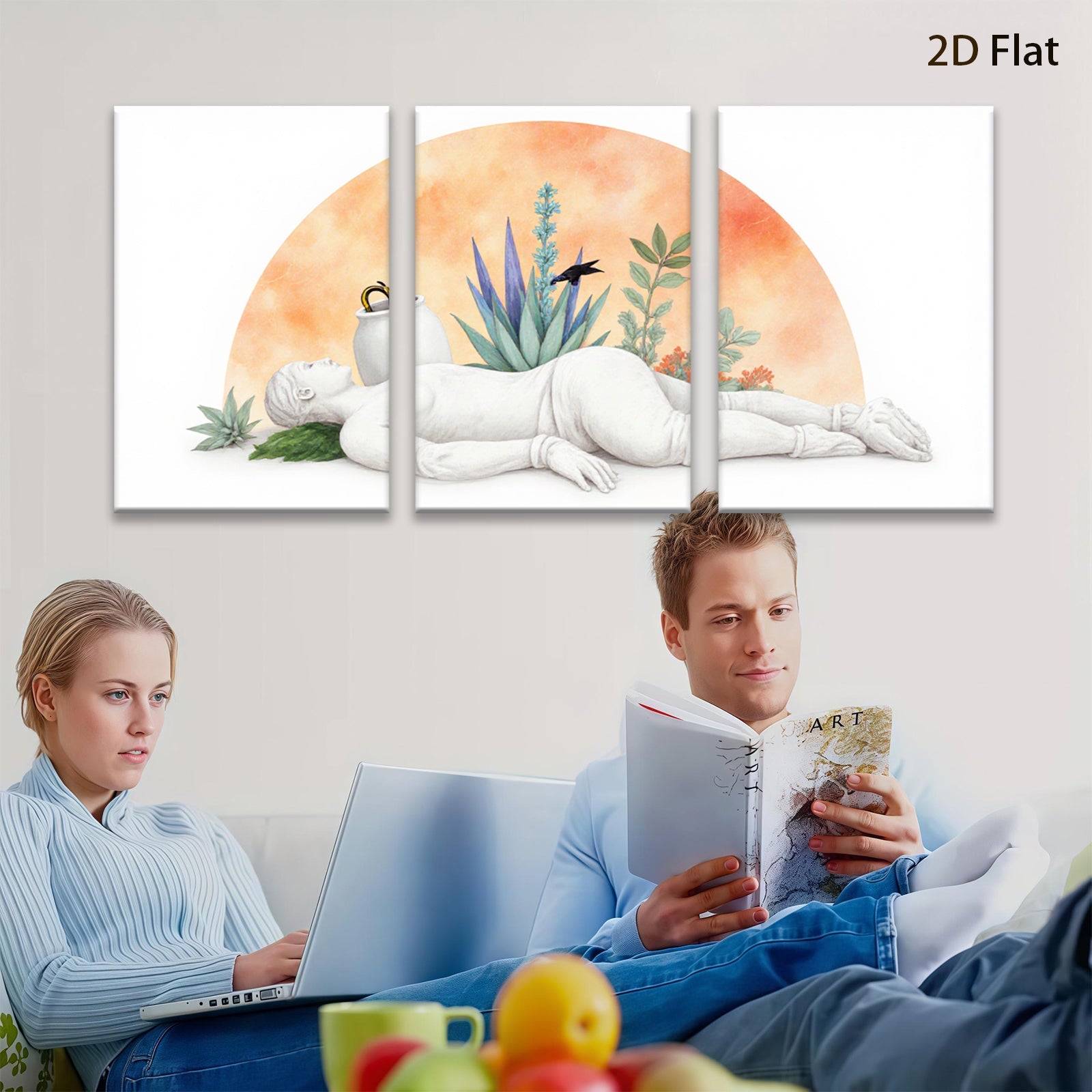 2D flat 1pc Reclining Figure with Botanical Still Life Modern Wall Art for Living Room Bedroom Gallery Wrapped Canvas Prints Home Decor Farmhouse Style
