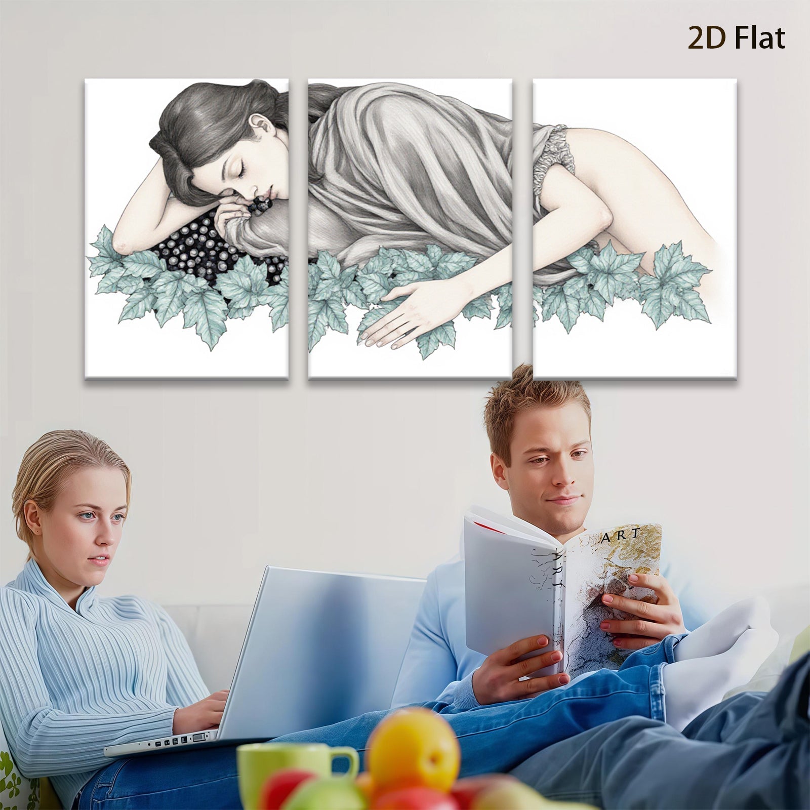 2D flat 1pc Reclining Woman Floral Border Gallery Wrapped Canvas Wall Art Prints for Living Room Bedroom Home Decor farmhouse style modern minimalist