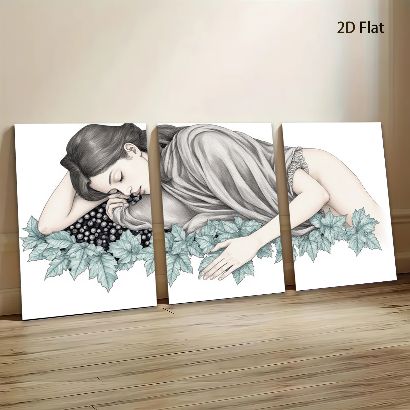 2D flat 1pc Reclining Woman Floral Border Gallery Wrapped Canvas Wall Art Prints for Living Room Bedroom Home Decor farmhouse style modern minimalist