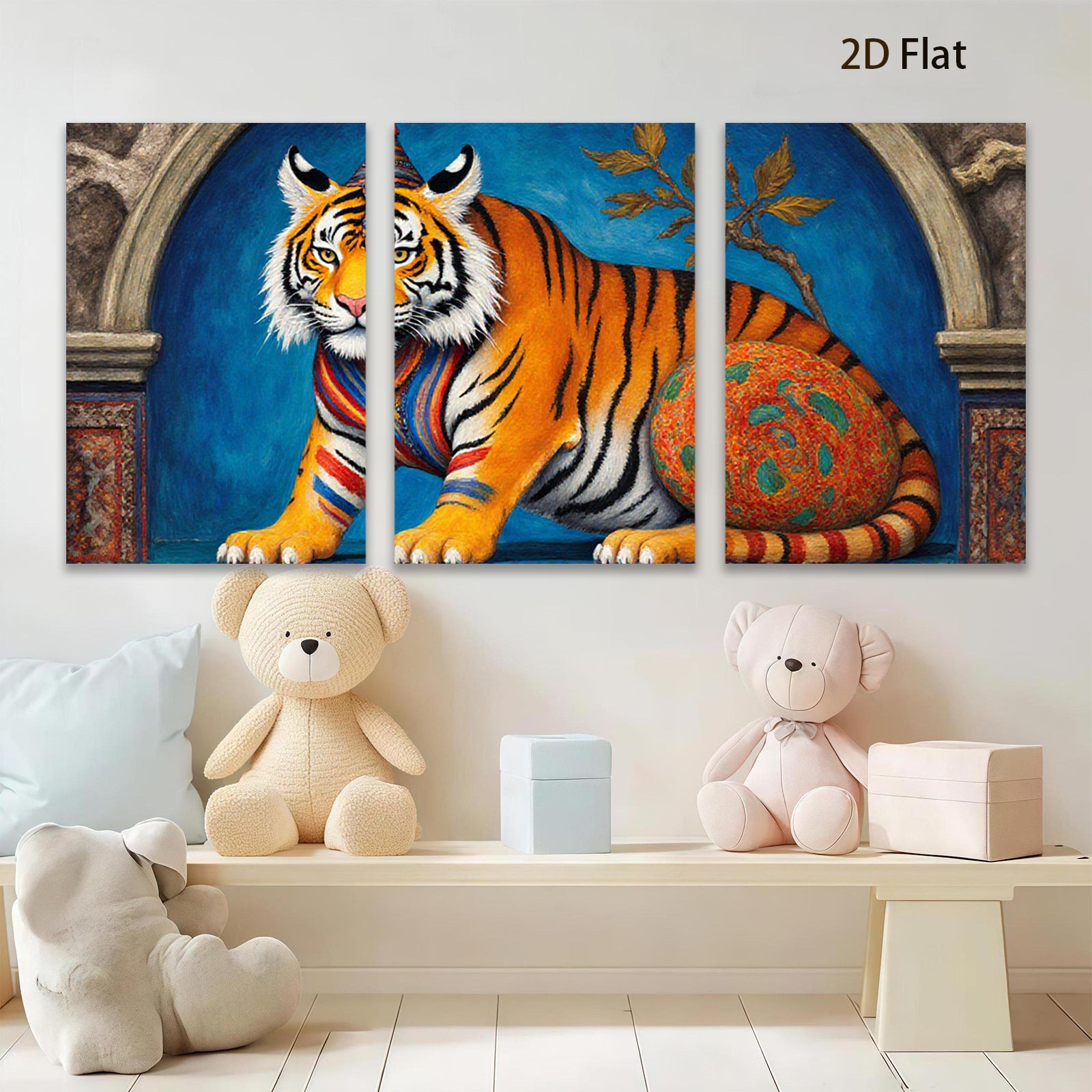 2D flat 1pc Regal Tiger Portrait Whimsical Animal Art Canvas Wall Decor Living Room Bedroom Modern Farmhouse Gallery Wrapped Timeless Gift