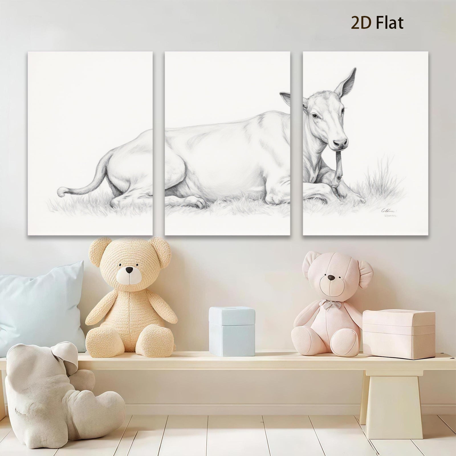 2D flat 1pc Resting Cow Pastoral Farm Animal Wall Art Prints Modern Country Home Decor Living Room Bedroom Canvas Pictures Framed