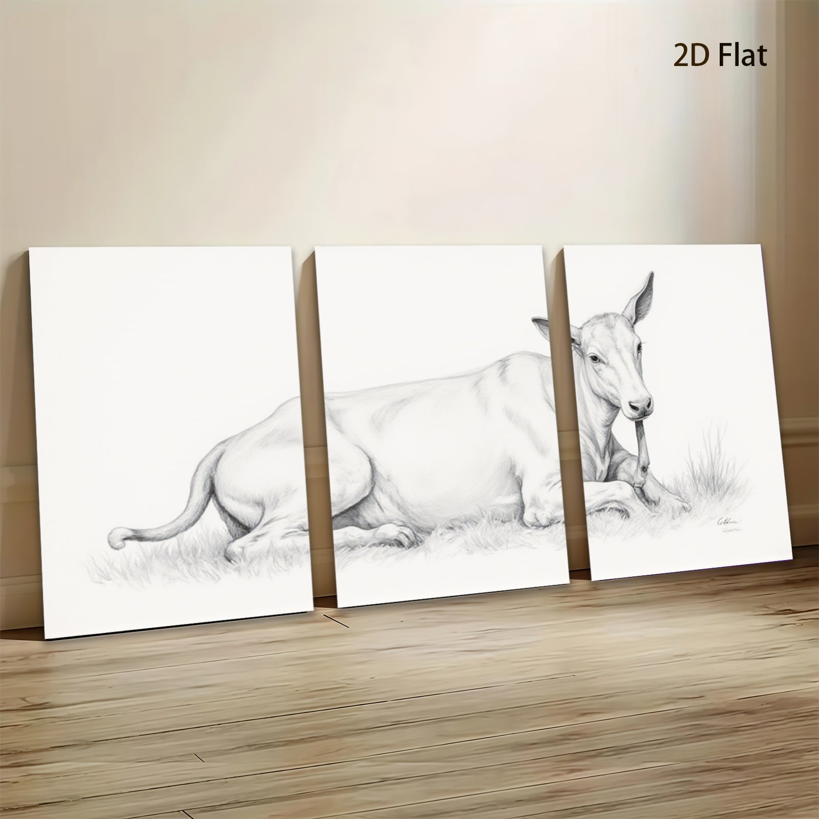 2D flat 1pc Resting Cow Pastoral Farm Animal Wall Art Prints Modern Country Home Decor Living Room Bedroom Canvas Pictures Framed