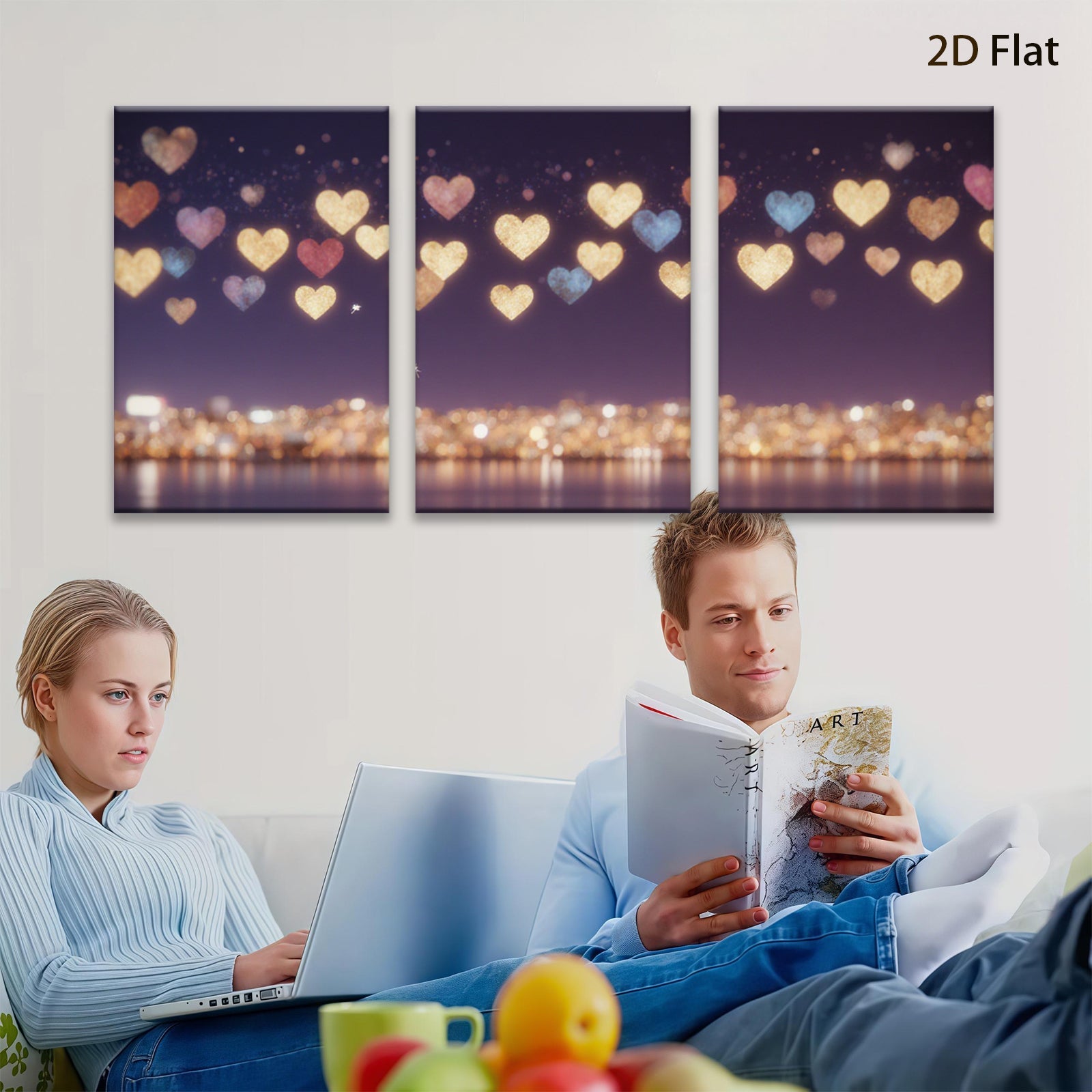 2D flat 1pc Romantic City Lights Sparkling Hearts Wall Art Decor Bedroom Living Room Canvas Prints Modern Farmhouse Style Gallery Wrapped Timeless Elegance