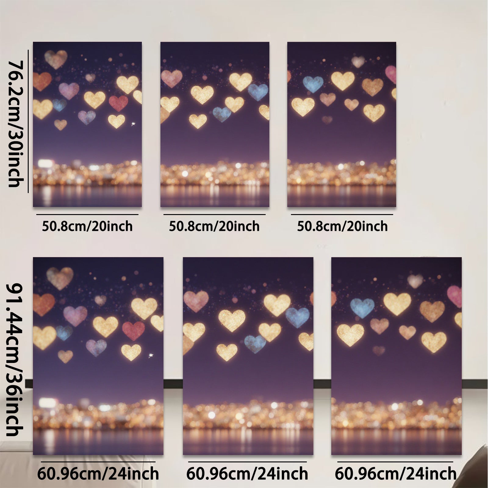 2D flat 1pc Romantic City Lights Sparkling Hearts Wall Art Decor Bedroom Living Room Canvas Prints Modern Farmhouse Style Gallery Wrapped Timeless Elegance