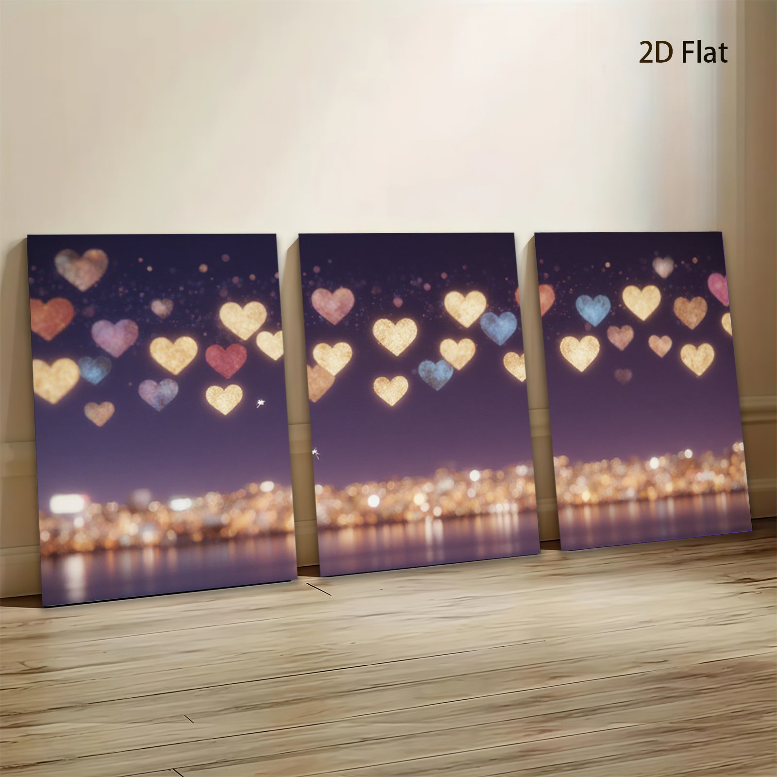 2D flat 1pc Romantic City Lights Sparkling Hearts Wall Art Decor Bedroom Living Room Canvas Prints Modern Farmhouse Style Gallery Wrapped Timeless Elegance