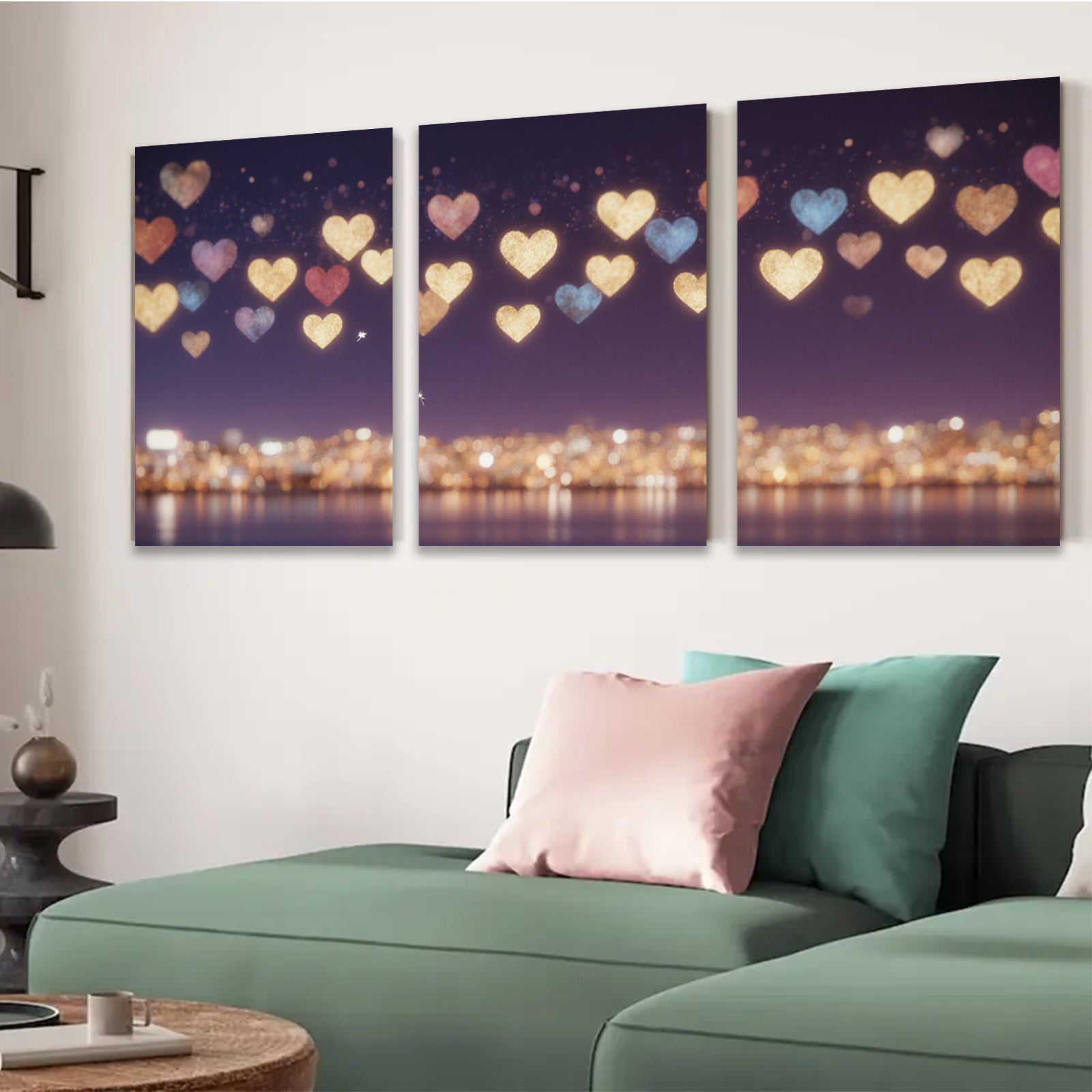 2D flat 1pc Romantic City Lights Sparkling Hearts Wall Art Decor Bedroom Living Room Canvas Prints Modern Farmhouse Style Gallery Wrapped Timeless Elegance