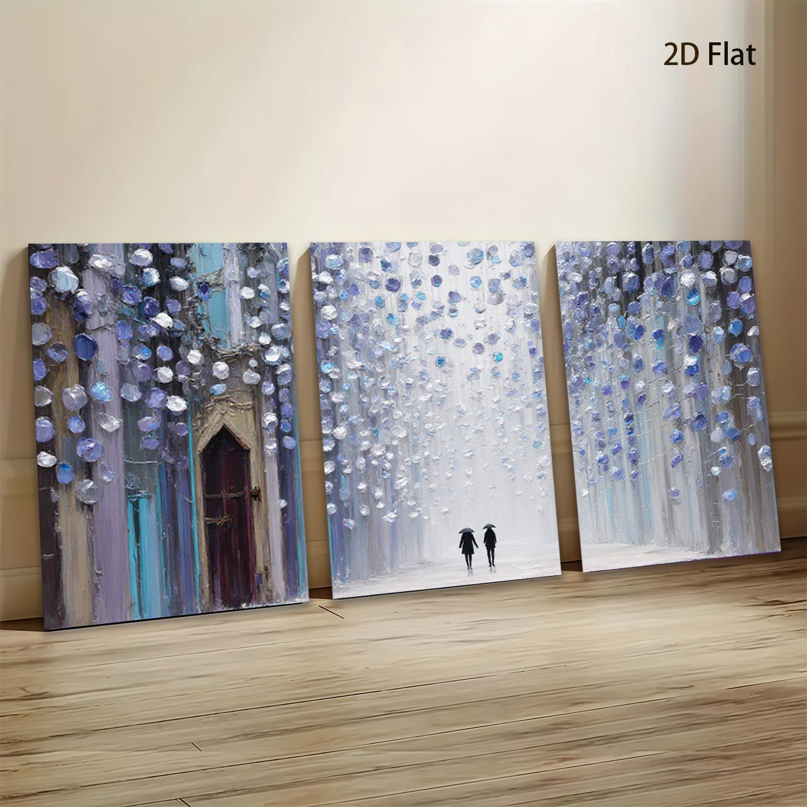 2D flat 1pc Romantic Street Rain Cityscape Wall Art Modern Home Decor Living Room Bedroom Canvas Prints Framed Ready to Hang Gallery Wrapped Giclee