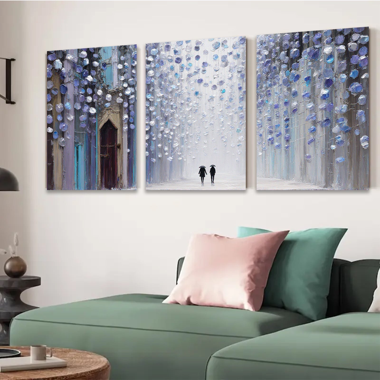 2D flat 1pc Romantic Street Rain Cityscape Wall Art Modern Home Decor Living Room Bedroom Canvas Prints Framed Ready to Hang Gallery Wrapped Giclee