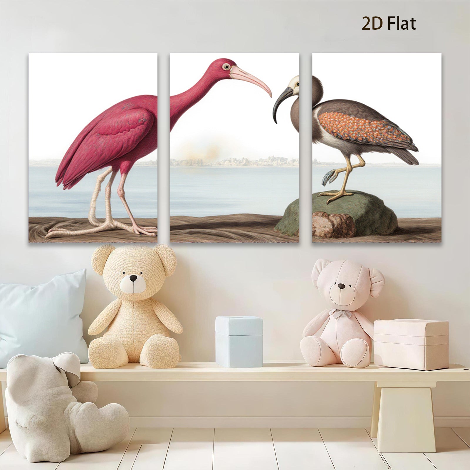 2D flat 1pc Roseate Spoonbill & American Bittern bird study wall art for living room bedroom gallery wrapped canvas print farmhouse decor