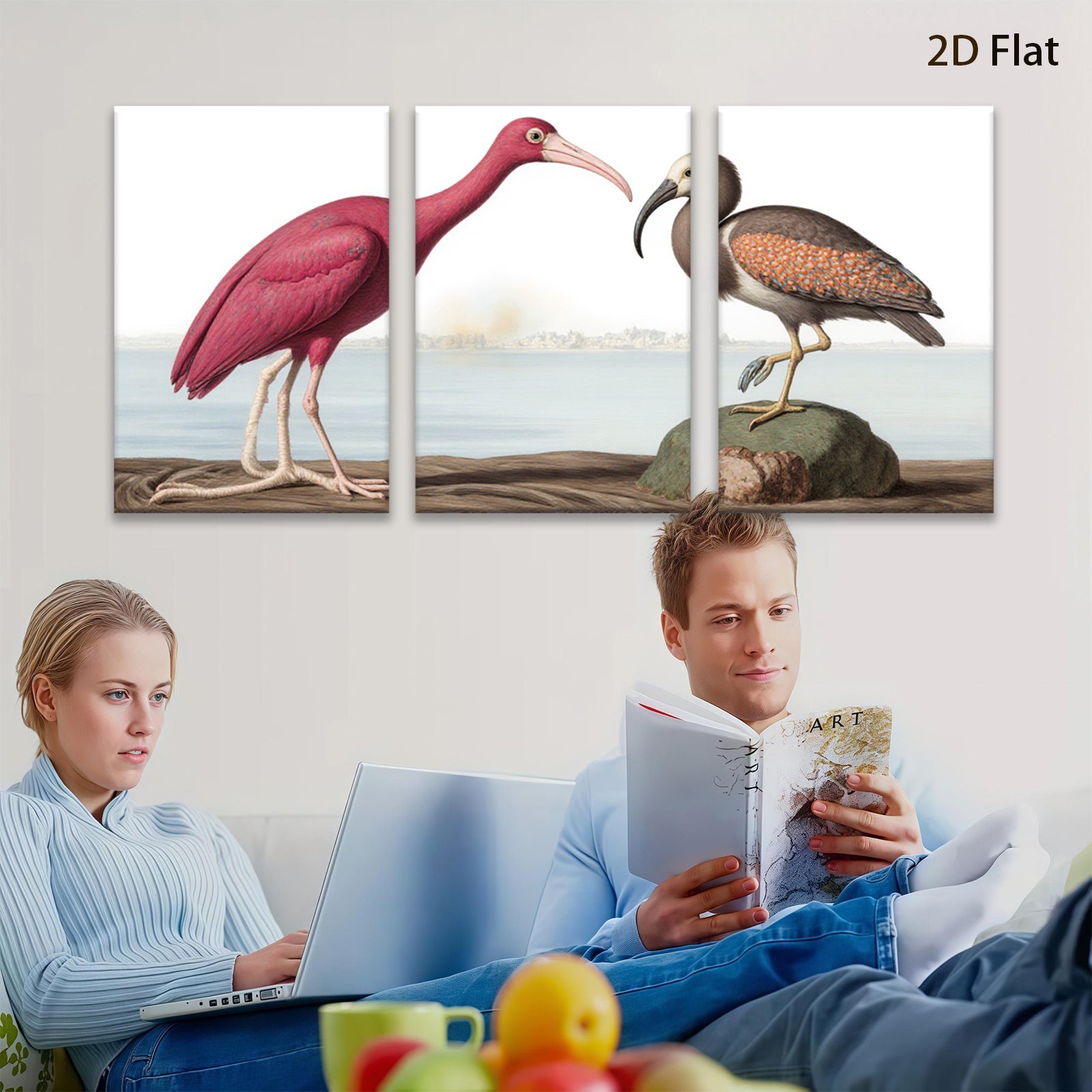 2D flat 1pc Roseate Spoonbill & American Bittern bird study wall art for living room bedroom gallery wrapped canvas print farmhouse decor
