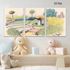 2D flat 1pc Rustic bridge leads to stone fountain garden landscape wall art for living room bedroom home decor farmhouse style