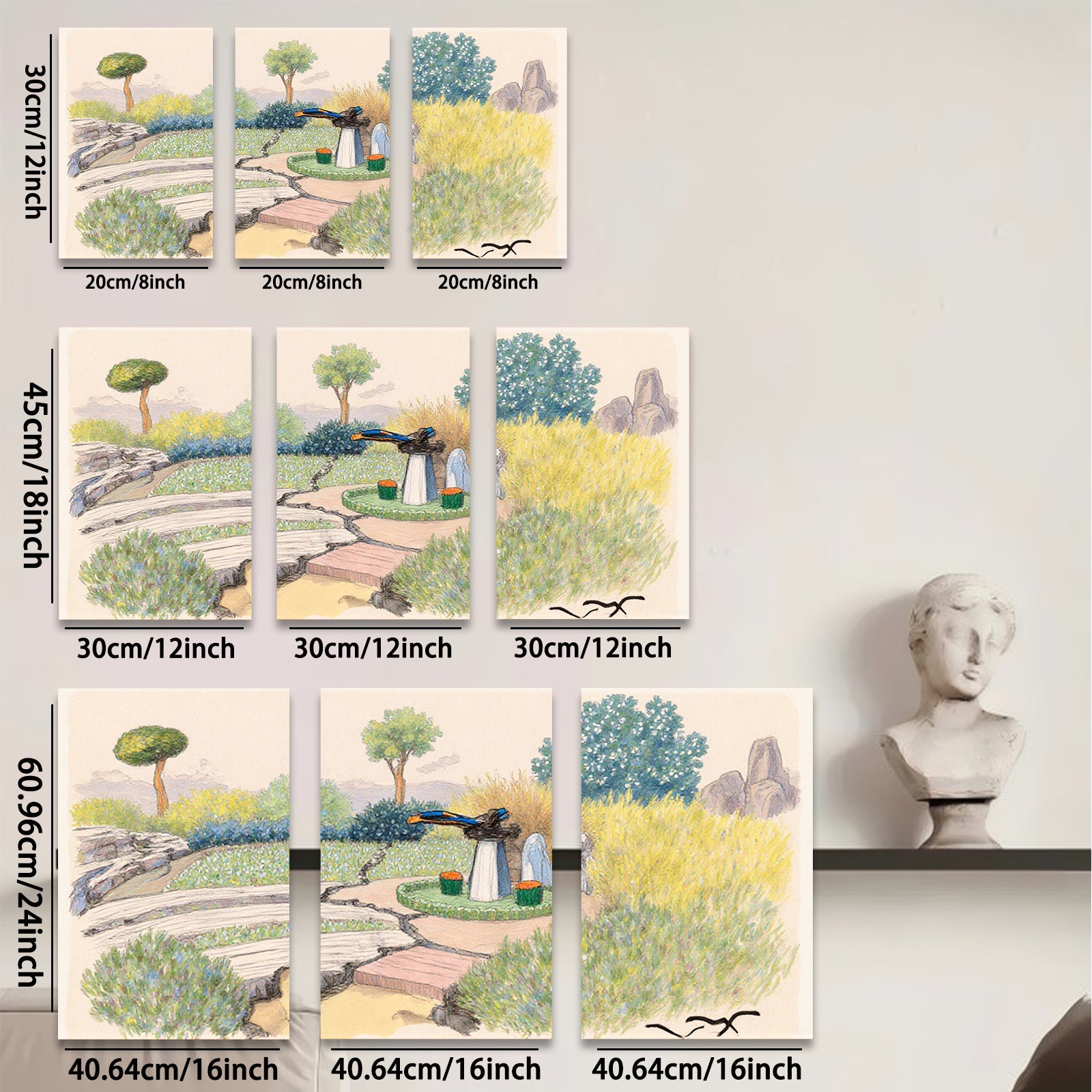 2D flat 1pc Rustic bridge leads to stone fountain garden landscape wall art for living room bedroom home decor farmhouse style