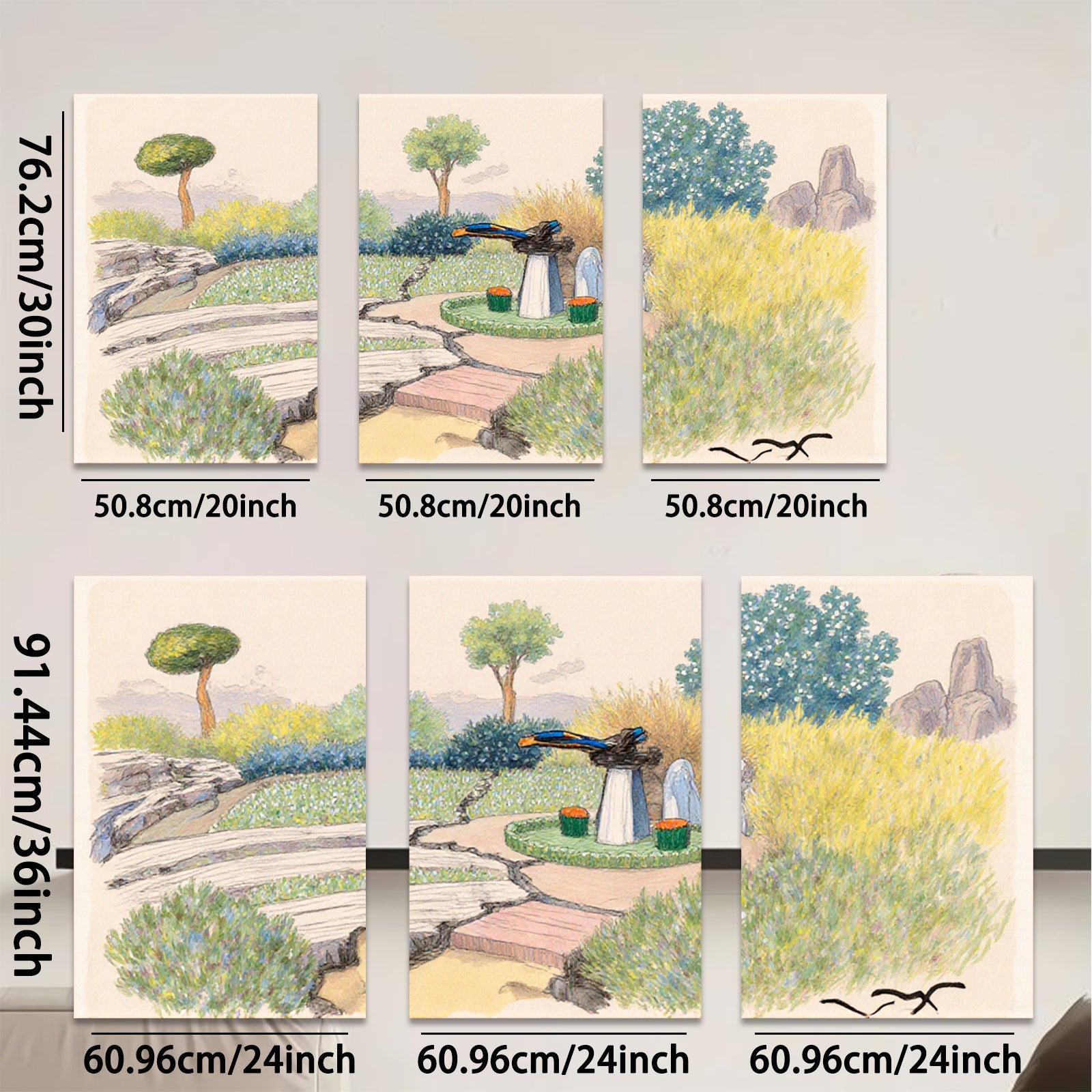 2D flat 1pc Rustic bridge leads to stone fountain garden landscape wall art for living room bedroom home decor farmhouse style